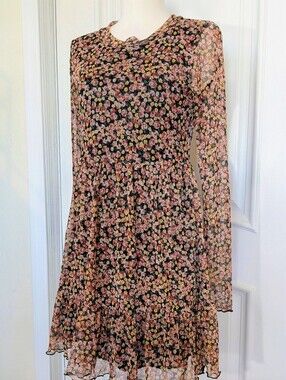 Altar'd State Baby Doll Dress In Black, Pink & Gold Sheer Floral Long-Sleeve  M